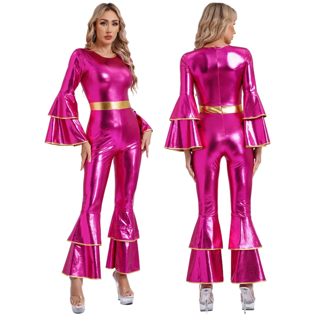 Womens 70S Disco Vintage Jumpsuit Metallic Shiny Flare Sleeve Bodysuit Hippie Bell Bottom Jazz Dance Carnival Rave Party Costume 1