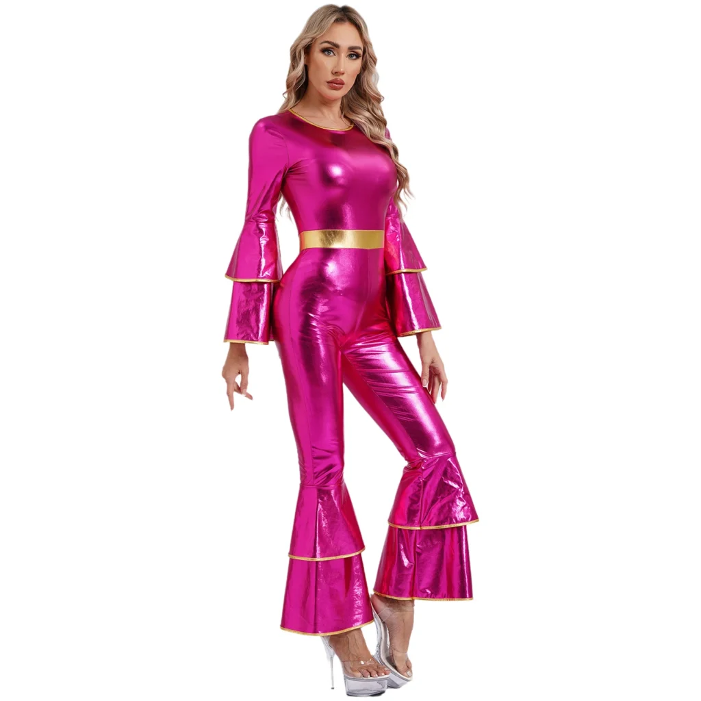 Womens 70S Disco Vintage Jumpsuit Metallic Shiny Flare Sleeve Bodysuit Hippie Bell Bottom Jazz Dance Carnival Rave Party Costume 2