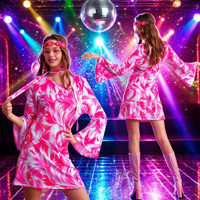 60s 70s Disco Dress 7 Piece Hippie Costume Women Printing Retro Style Clothes Accessories Jewelry Halloween Costumes 5