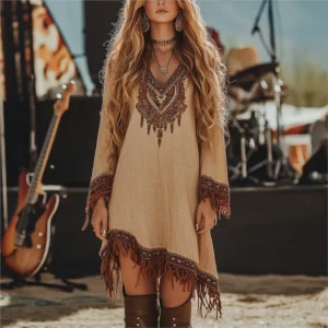 Fashion V Neck Long Sleeve Bohemian Dresses Vintage Pattern Printed Loose Short Dress New Spring Tassel Patchwork Women's Dress