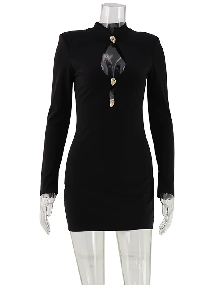 Ahagaga Fashion Women's Mini Dress Solid Hollow Out Regular Long Sleeves Sheath Bodycon Sexy Club Basic Casual Streetwear Female 6