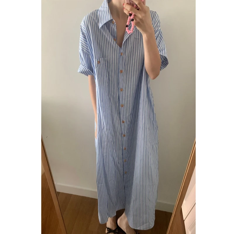 Fashion Blue Stripes Women Shirt Dress Loose Short Sleeve Lapel Elegant Summer Casual Dress Buttons Pocket Office Long Dress 4