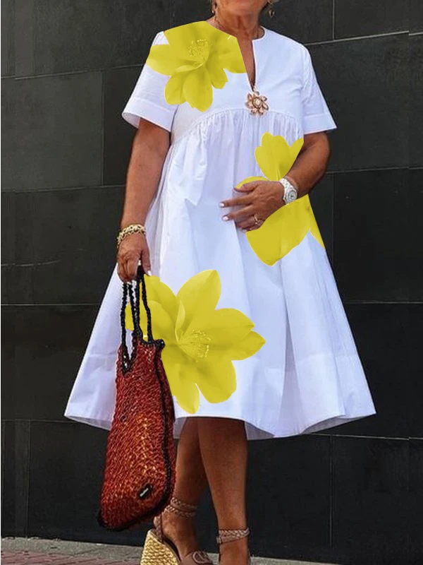 Modigirl Women's Summer New Dress 2025 V-Neck Pleated Short Sleeves White Loose Flower Print Casual Midi Dresses for Woman 6