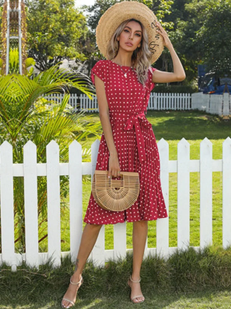 2022 New Summer Polka Dots Sleeveless Pleated Dresses For Women High Waist Midi Elegant Office Green Lady Dinner Party Clothes 4