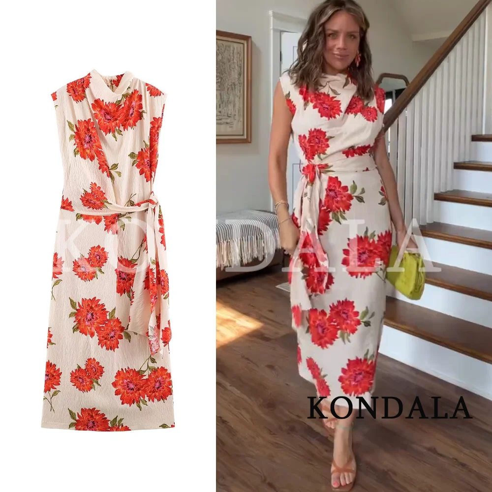 KONDALA Women Holiday Flowers-Printed Belt Dress 2026 Summer Trendy Elegant Chic Sleeveless Dress Female Festivities Midi Dress 1