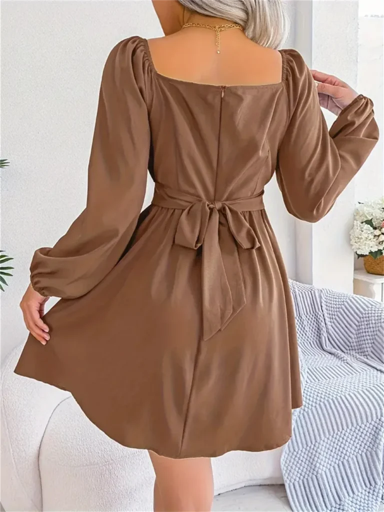Casual Ruched Square Neck  Long Sleeve Ruffle Trim Dress For Spring & Fall, Women's Clothing 6