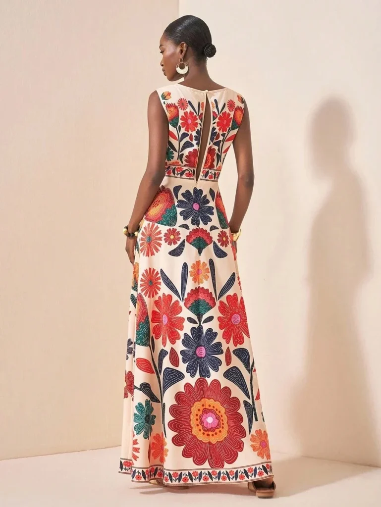 Women Floral Embroidery Maxi Dress Sleeveless Round Neck A-Line Long Dress Summer Beach Wedding Guest Holiday Party Dresses 4