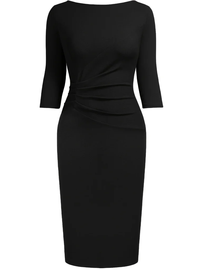 Womens Elegant Round Neck 2/3 Sleeve Work Office Knee Length Solid Business Casual Party Ruched Pencil Bodycon Sheath Dress 5