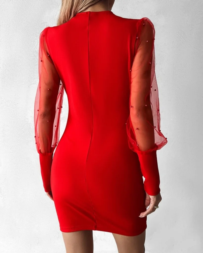 Ladies Fashion V-Neck Long Sleeve Mesh Dress Pure Color Pleated Waist Cinched Asymmetrical Hemline Elegant Gown 5