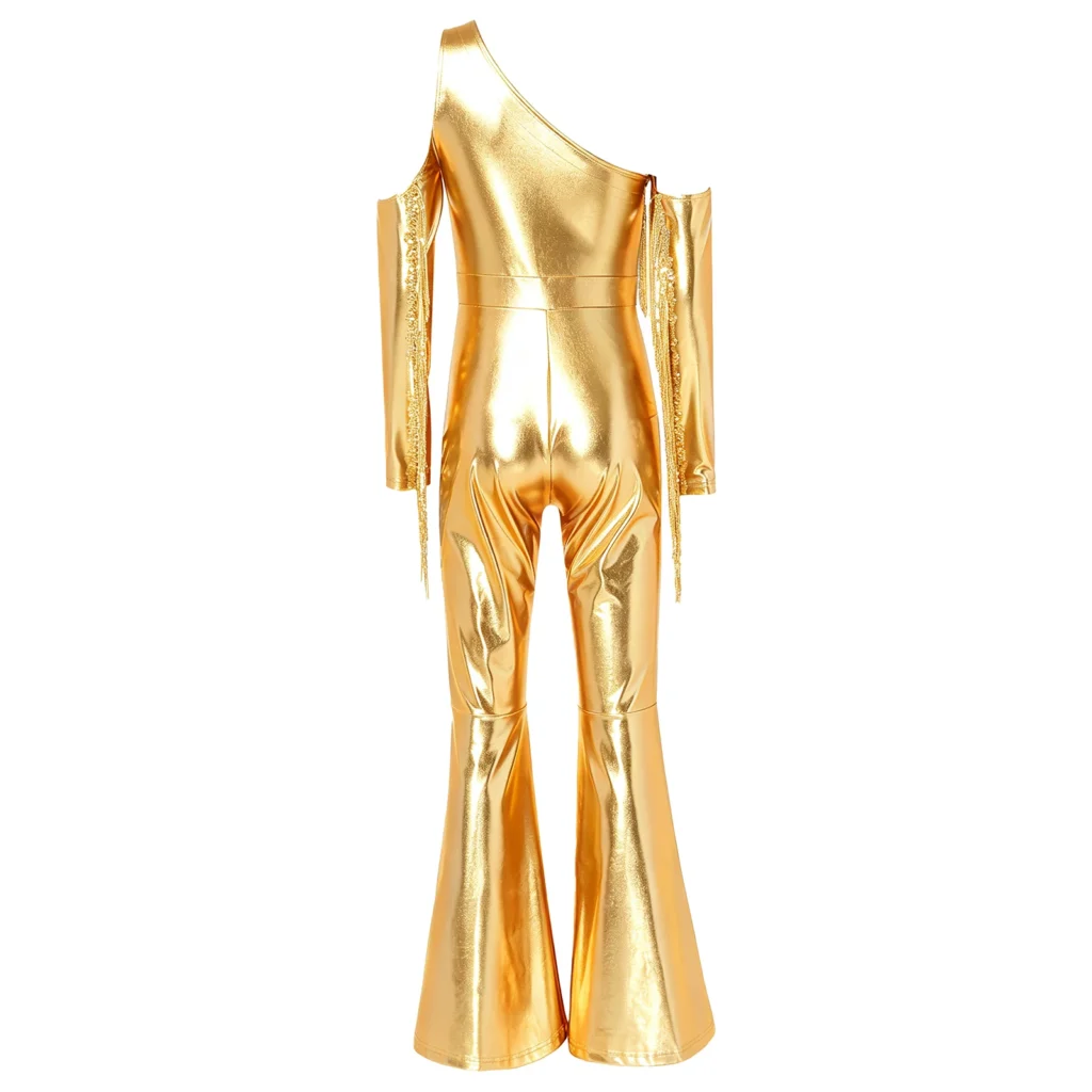 Womens Metallic Shiny Holographic Disco Flare Jumpsuit Sequin Tassels Cold Shoulder Long Sleeve Bell Bottoms Bodysuit Clubwear 5