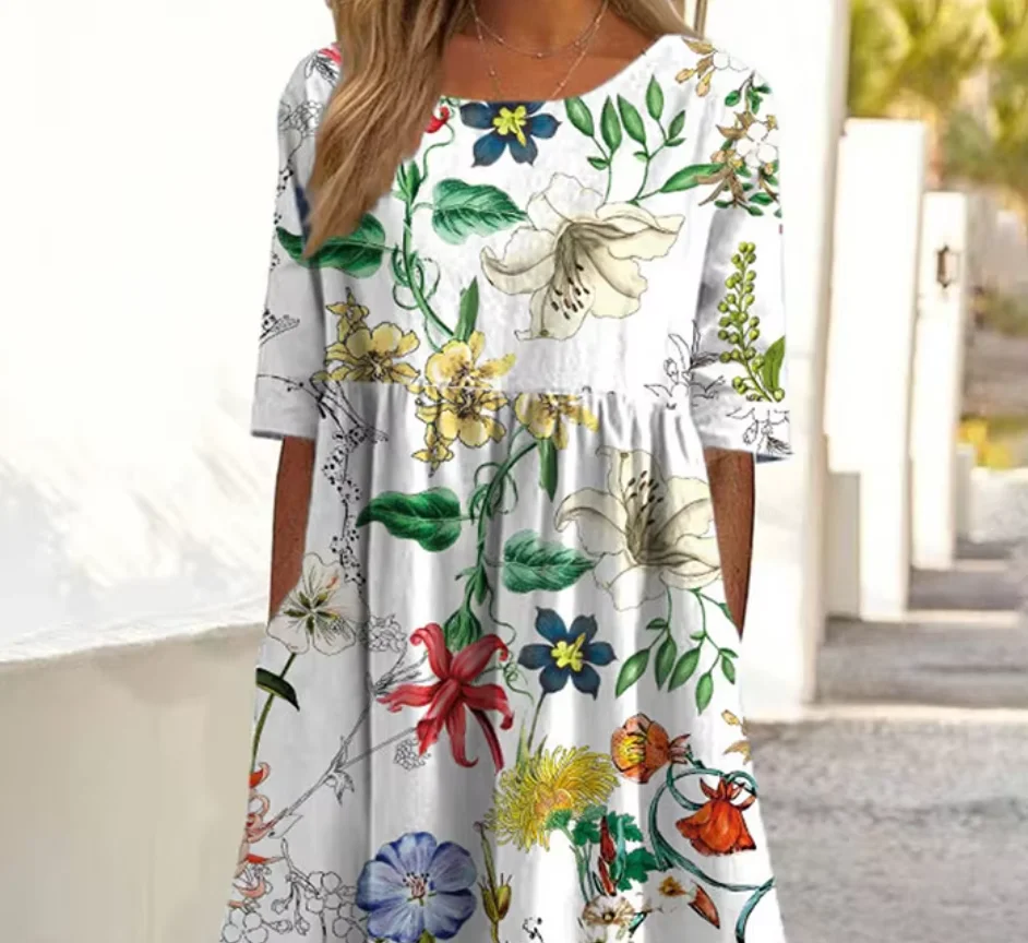 2026Summer New Arrival Women's Casual Crew Neck Pocket Short Sleeve Printed Dress 5