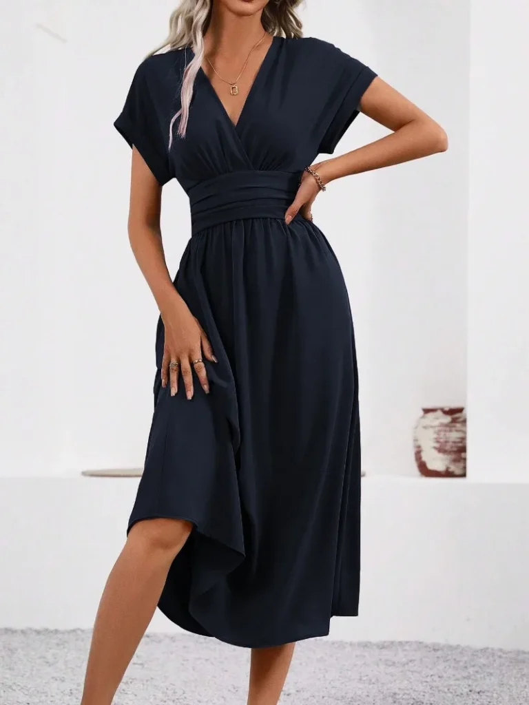 Dresses 2025 Woman Summer Solid-Color V-Neck Batwing-Sleeve Pleated Long Elegant Dress Woman Clothing Tops Skirts Y2k Clothes 5