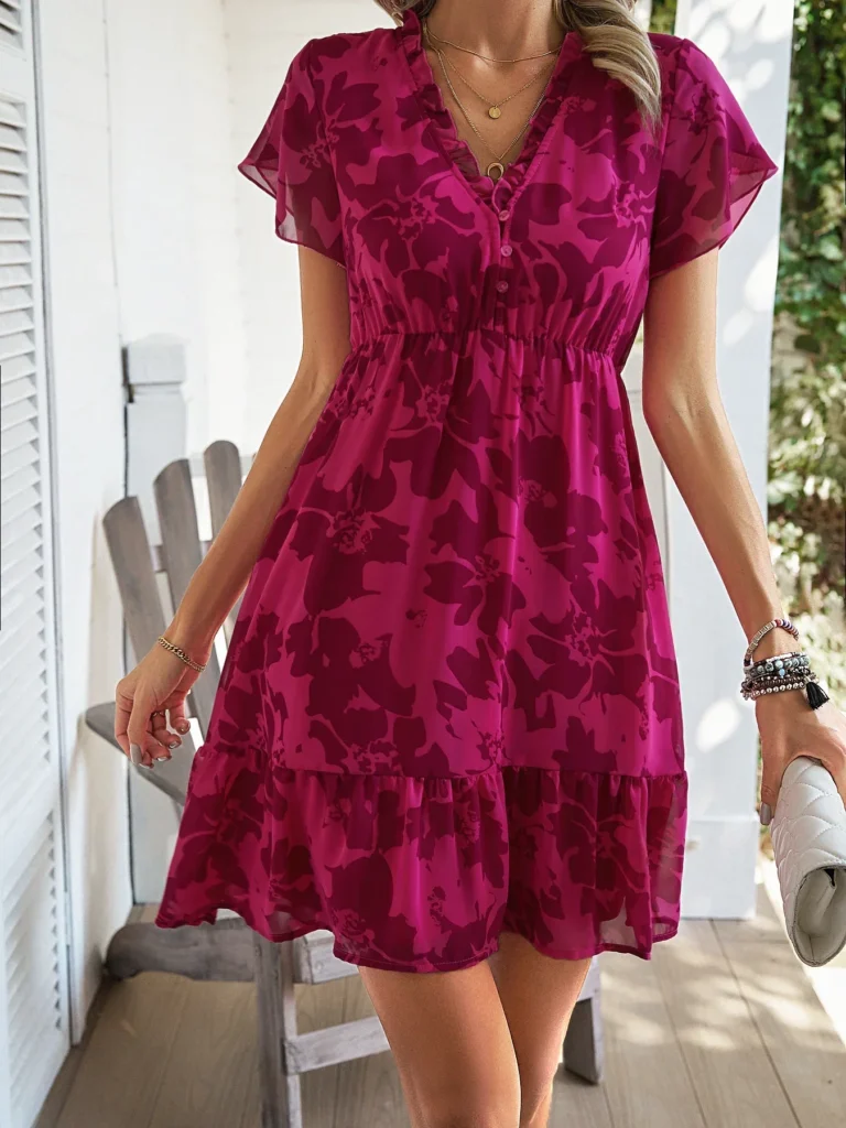 Dresses 2025 Spring/Summer New High End Light Luxury Style Short Sleeved V-Neck Mid Length Dress Slim Fit Leisure Beach Dress 5