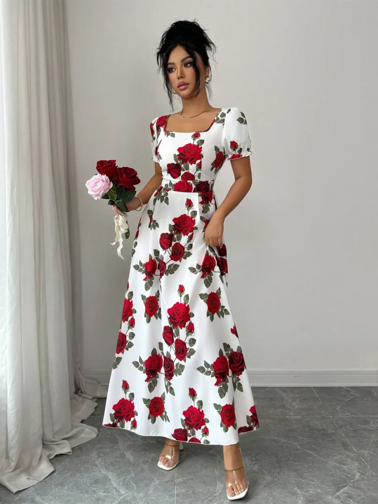 Women Rose Floral Print Maxi Dresses Square Neck Puff Short Sleeve Back Smocked Elastic Waist Flowy A Line Summer Vacation Dress 3