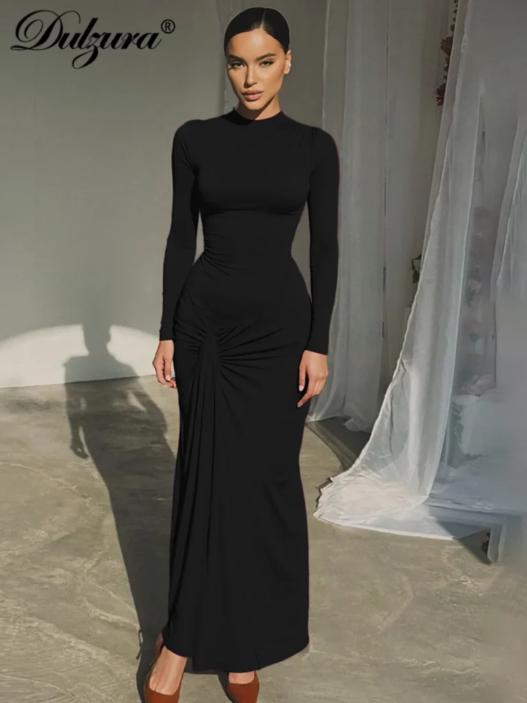 Dulzura Autumn Solid Elegant O-Neck Long Sleeve Ruched Slim Lace Up Long Dress Women'S Fashion Casual Clothes Party Club Outfit 3