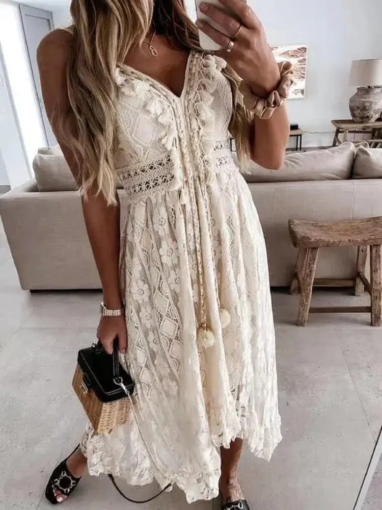 Summer Fashion Sexy Beach Vacation Long Dress Lace Sleeveless Women Dress V Neck Hollow Out Elegant Loose Dresses 2