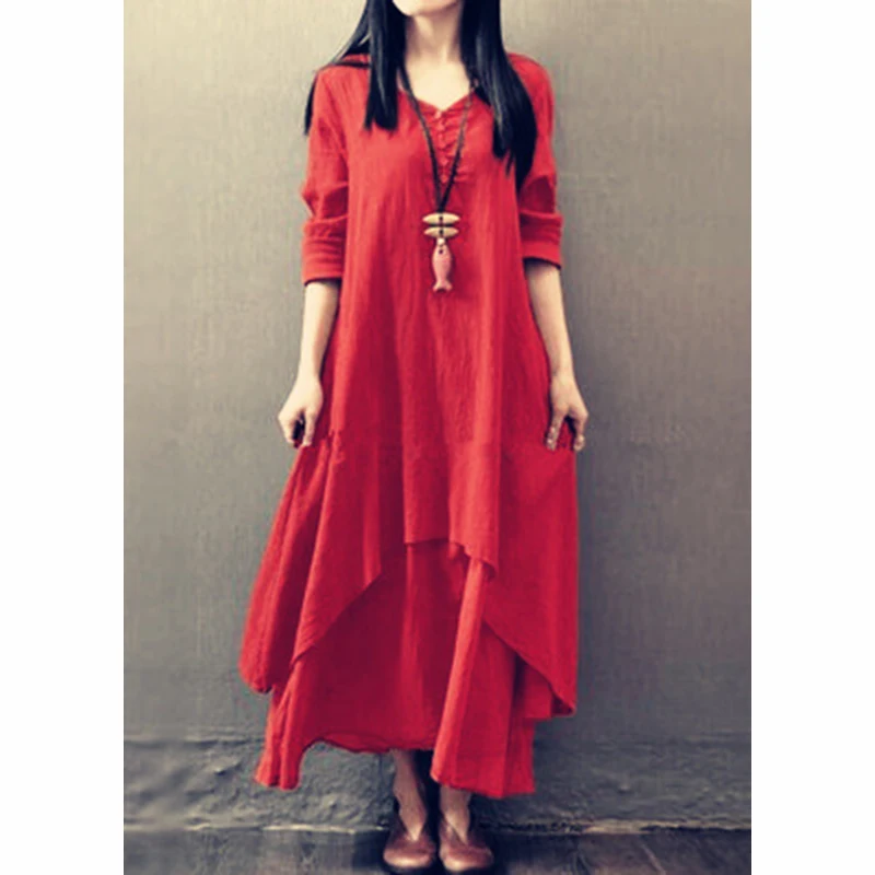 Spring Autumn Women Maxi Dresses Casual Full Sleeve Bohe Cotton Women'S Casual Fashion Loose Long With Button Solid Color Dresse 6