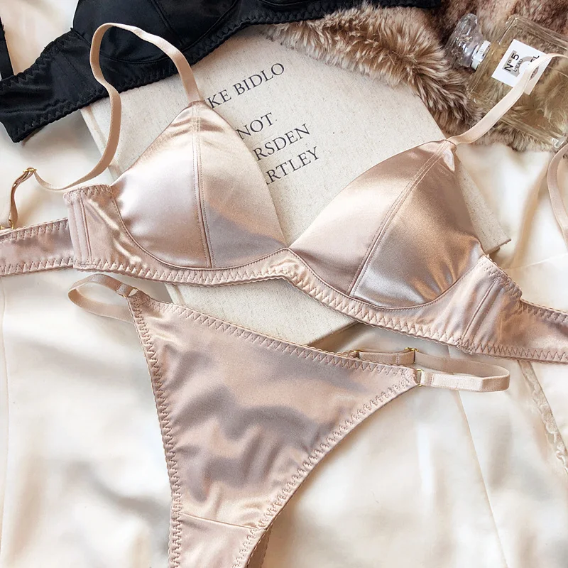 Summer Women Underwear Set Sexy Silken Triangle Cup Wireless Bras French Bralette Seamless Intimates Bra and Thong Lingerie Set 6