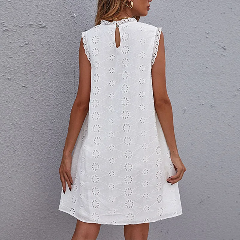 2025 Summer Sleeveless Women Dress Fashion Beach Hollow Out White Dresses Lace Short Dress 4
