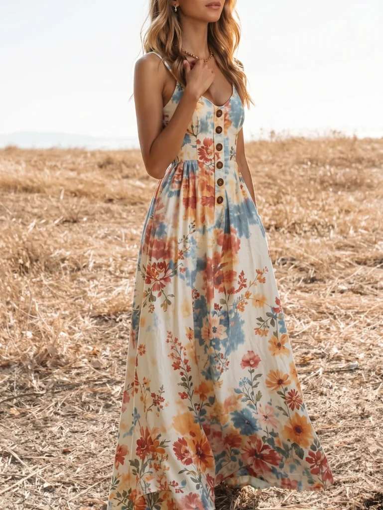 Women V Neck Spaghetti Strap Floral Print Maxi Dress Button Front A Line Flowy Dress For Casual Holiday Occasion 2