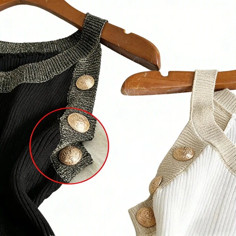 Women's White Sleeveless Halter Neck Gold Button Detail Contrast Trim Stretchy Ribbed Knit Bodycon Mini Dress Casual Party Dress 5