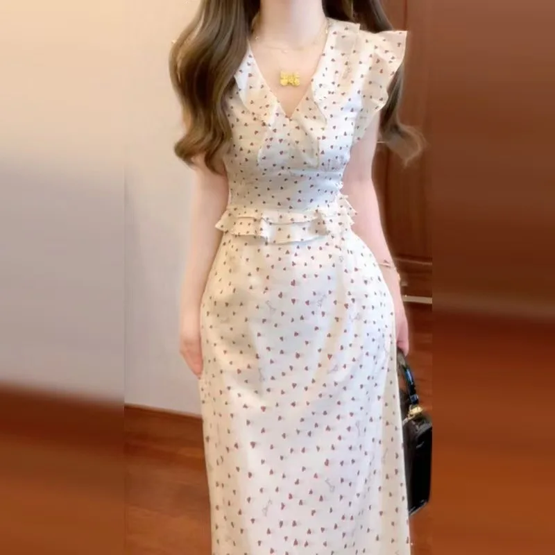 Elegant Chinese Style V-Neck Midi Dress Women Summer Slim Fit Knee-Length Polka Dot Fish Tail Dress High Waist Knitted Cotton 6