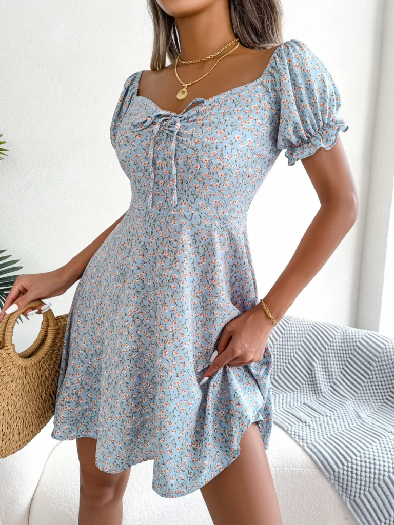 Women Casual Square Neck Flare Short Sleeve Floral Dress Elegant A Line Dress for Spring Summer 2026 Fashion Woman Clothing 3