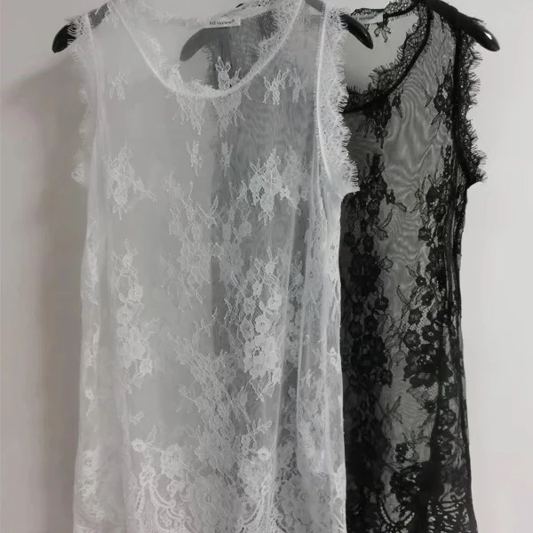 Loose Lace Me Base irt Top Thin Hollow out Long Vest Spring Summer New Korean Sle Women's Faion Casual round Ne Dr 5