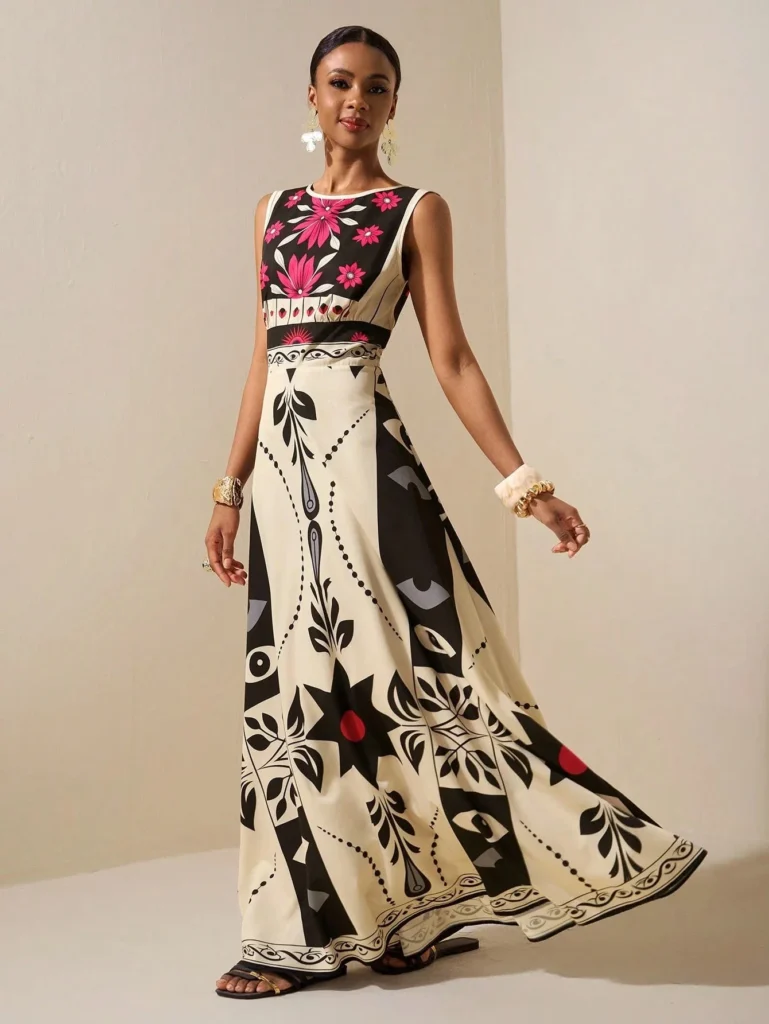 Elegant Red Floral Tribal Sleeveless Dress High Waist A Line Maxi Gown, For Wedding Guest Evening Party Vacation Outfits 3