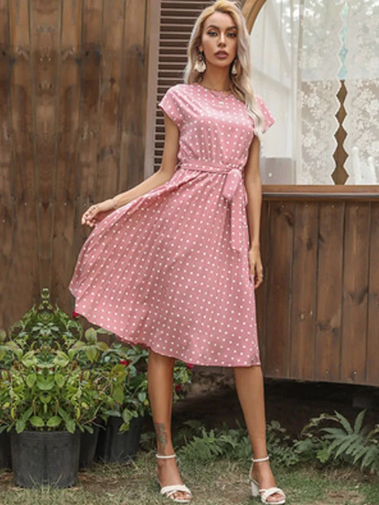 2022 New Summer Polka Dots Sleeveless Pleated Dresses For Women High Waist Midi Elegant Office Green Lady Dinner Party Clothes 6
