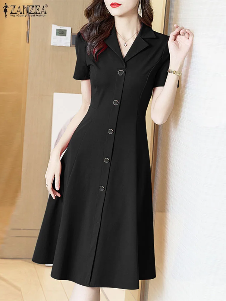 ZANZEA Women Elegant Long Shirt Dress Korean Lapel Collar Party Dress 2024 Summer Waisted Robe Casual Short Sleeve Work Sundress 2