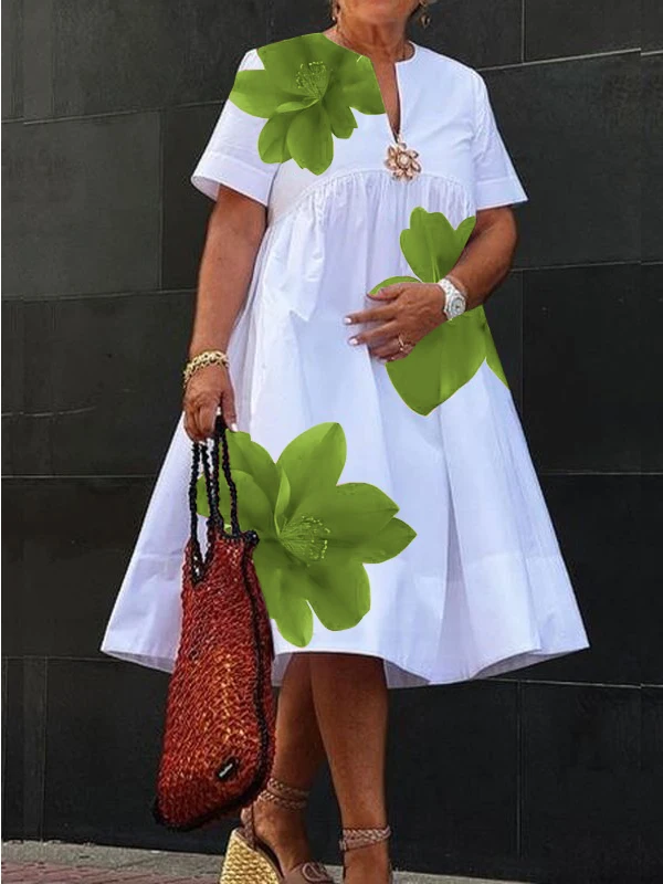Modigirl Women's Summer New Dress 2025 V-Neck Pleated Short Sleeves White Loose Flower Print Casual Midi Dresses for Woman 5