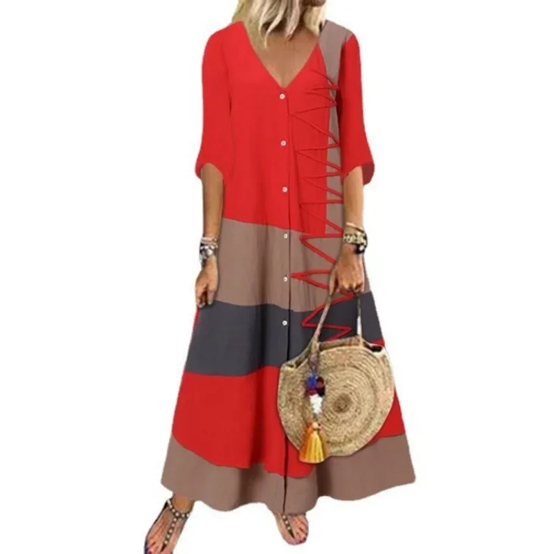 Women's Summer Color Block Patchwork Printed Dress V-neck Short Sleeved Fashion Dress Button Women's Casual Loose Long Dress 4