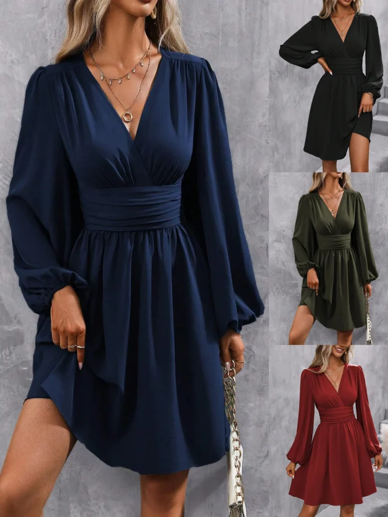 Dresses 2025 Woman Clothing V Neck Lantern Sleeve Wrap Mini Dress Ruched Waist Flowy Hem Elegant for Autumn and Party Styles ﻿ 1