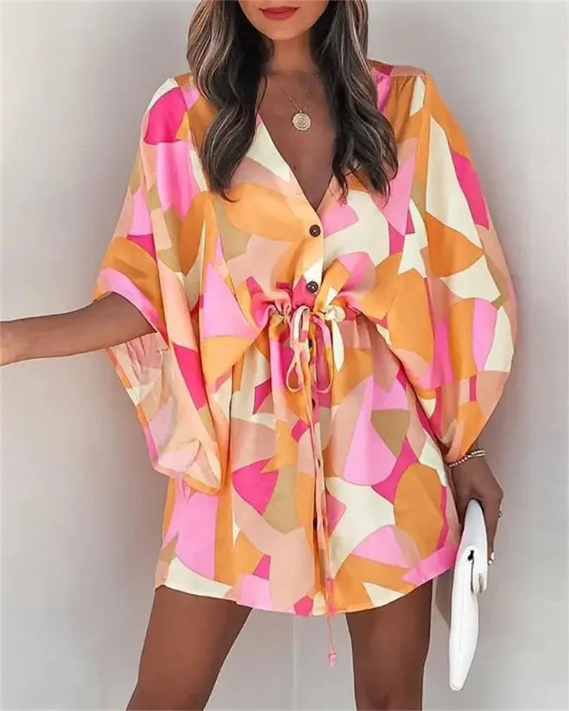 Women Print Dress Sexy V-Neck Bat Sleeve Ruffl Flowers Print Bohemian Beach Sundress Ladies Loose Summer Vacation Mini Dresses 5