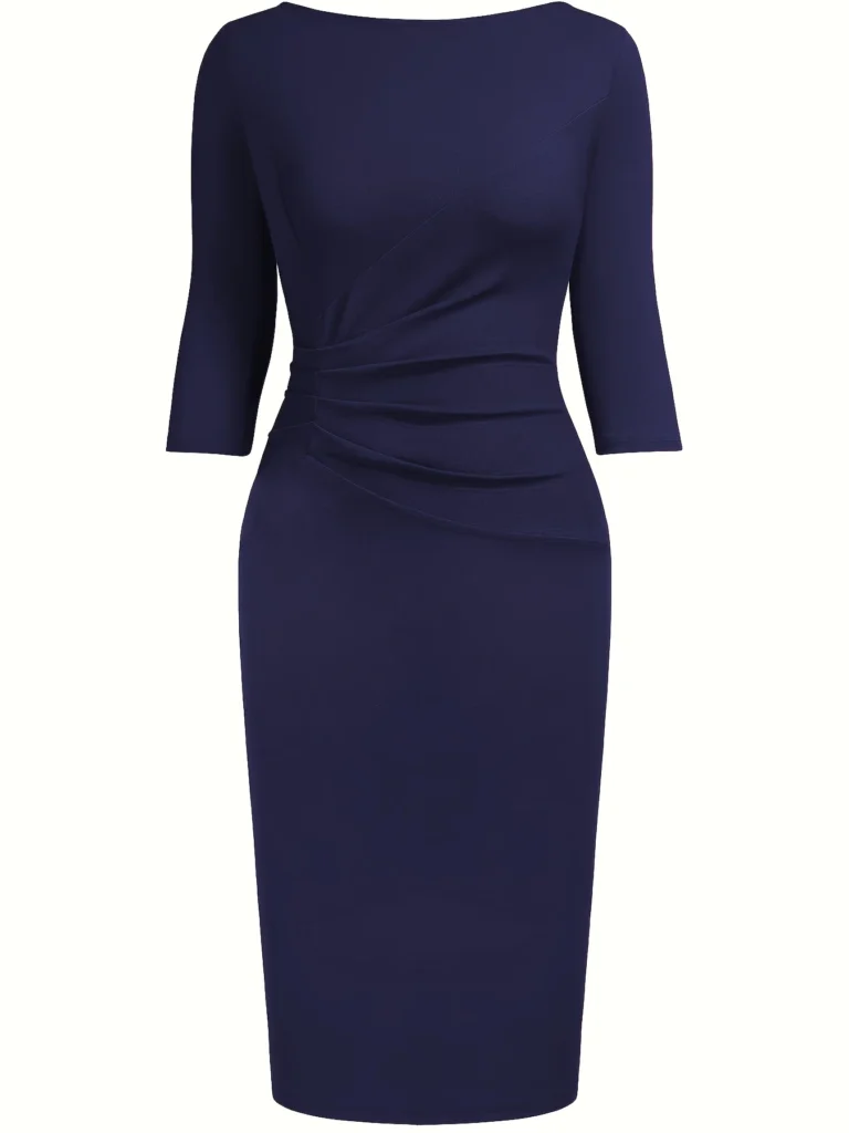 Womens Elegant Round Neck 2/3 Sleeve Work Office Knee Length Solid Business Casual Party Ruched Pencil Bodycon Sheath Dress 6