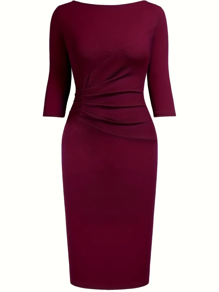Womens Elegant Round Neck 2/3 Sleeve Work Office Knee Length Solid Business Casual Party Ruched Pencil Bodycon Sheath Dress 4