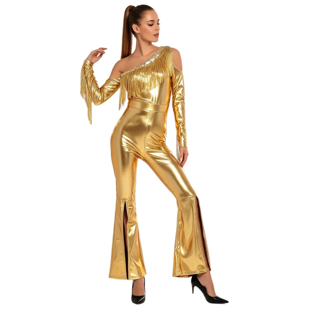 Womens Metallic Shiny Holographic Disco Flare Jumpsuit Sequin Tassels Cold Shoulder Long Sleeve Bell Bottoms Bodysuit Clubwear 2