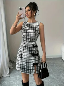 Women Round Neck Sleeveless Plaid Mini Dress Bow Decor Slit Hem Bodycon Dress For Party Daily Occasion