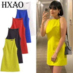 HXAO Women's Dress Summer 2025 Red Blue Black White Yellow Dress Off Shoulder Sleeveless Slip Dresses Vestidos Holiday Dress 066