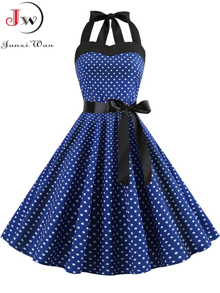 Polka Dot Dress Women Vintage Swing Halter Belt 50s 60s Rockabilly Prom Party Dresses Retro Feminino Vestidos 3