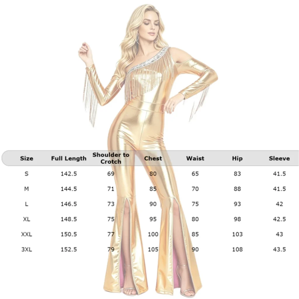 Womens Metallic Shiny Holographic Disco Flare Jumpsuit Sequin Tassels Cold Shoulder Long Sleeve Bell Bottoms Bodysuit Clubwear 6