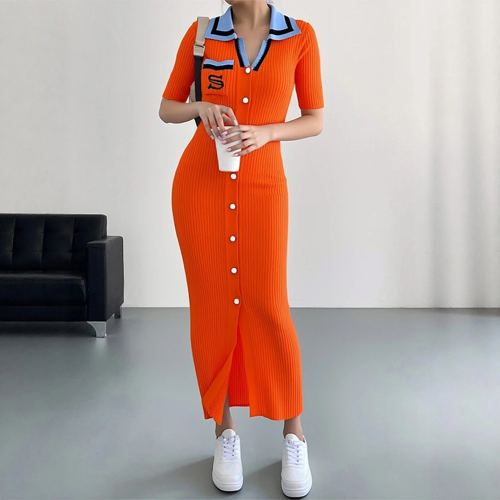 YuooMuoo Chic Fashion Sexy Wrap Hips Knitted Long Dress 2026 New Brand Fashion Embroidery Single-breasted Shirt Dress Streetwear 3