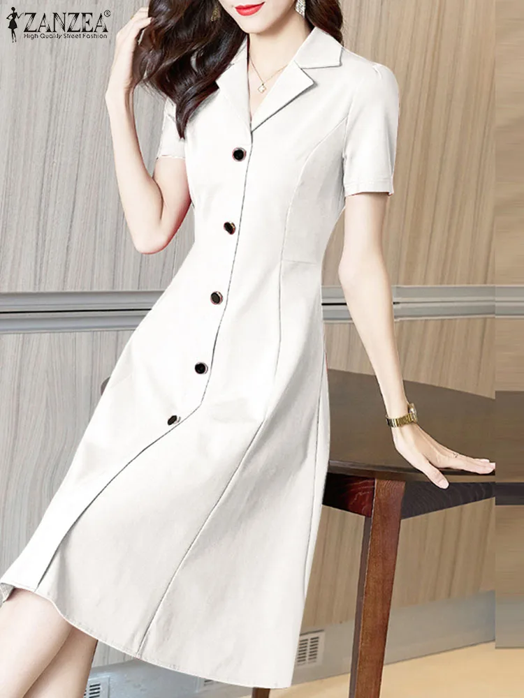 ZANZEA Women Elegant Long Shirt Dress Korean Lapel Collar Party Dress 2024 Summer Waisted Robe Casual Short Sleeve Work Sundress 3