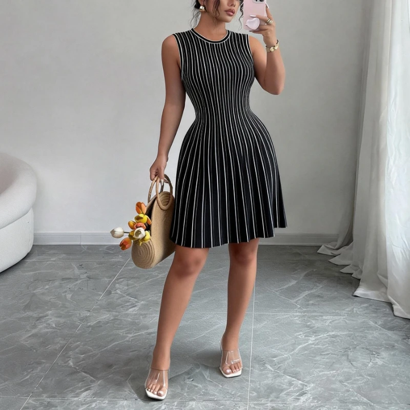 Women's Black Striped Sleeveless Crew Neck Elastic Sundress Ribbed Knit A-Line Mini Dress Casual Summer Party Vacation Dress 4
