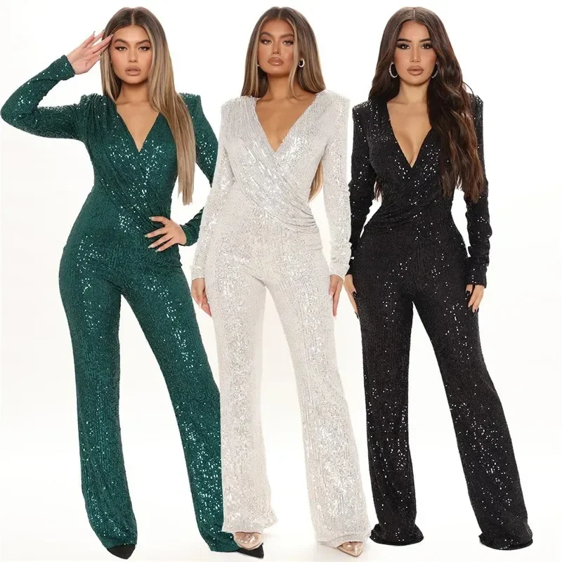 New Fashion Sequins Jumpsuit For Women Long Sleeve V Neck Draped Autumn Winter Rompers Celebrity Evening Party Club Overall 2