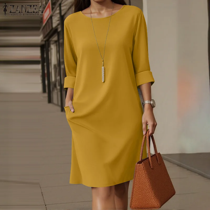 ZANZEA Elegant Women Party Dress 2026 Summer Fashion 3/4 Sleeve Casual Shirt Vestidos Pockets Loose Solid Knee-length Sundress 1
