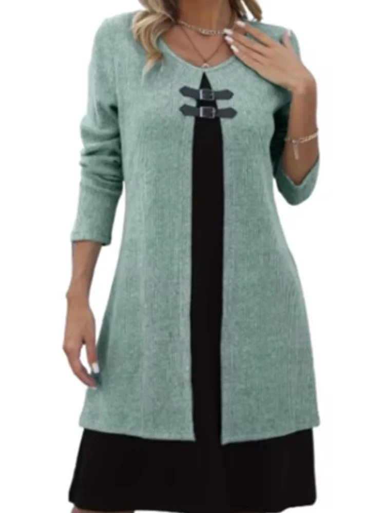 Women's Fashion Midi Dress, Ribbed Knit Construction with Contrast Insert and Buckle Detail 5
