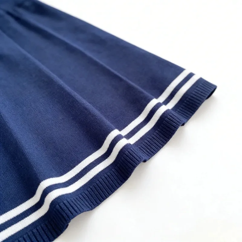 Women's White Short Sleeve Peter Pan Collar Bow Sundress Striped Hem Stretchy Ribbed Knit A-Line Mini Dress Casual Party Dress 6