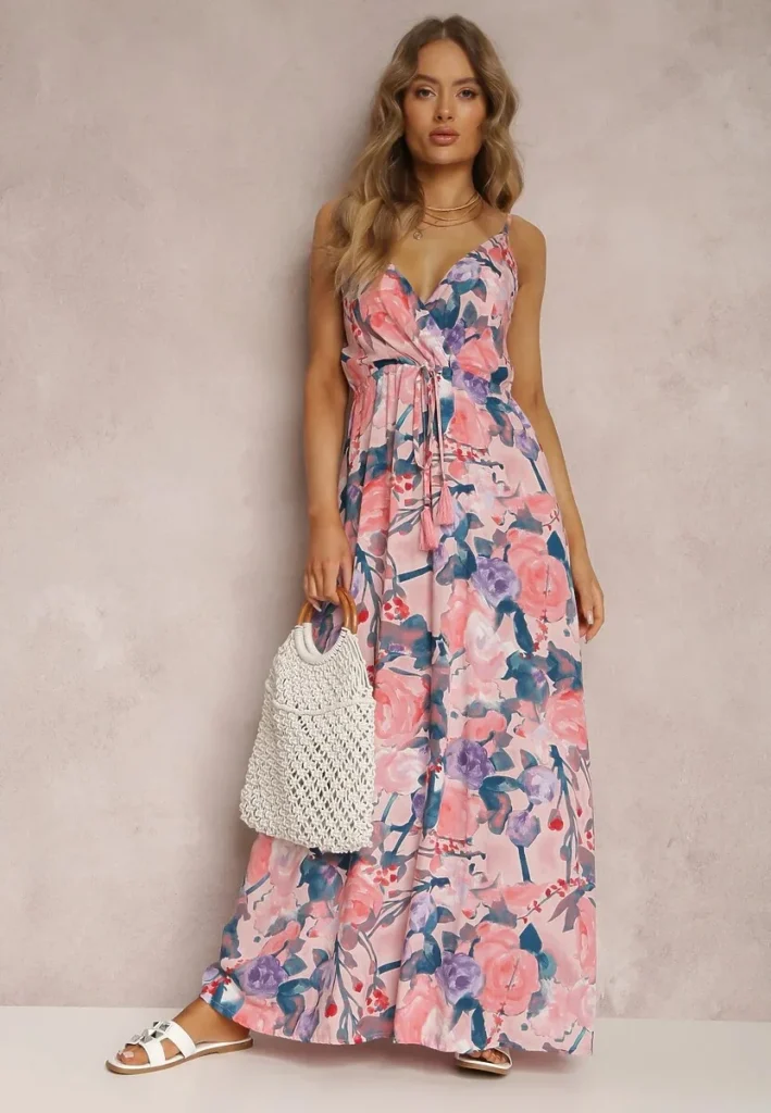 Women Watercolor Floral Print Maxi Dress V Neck Spaghetti Strap Tassel Tie Waist Smocked Back Summer Beach Holiday Casual Long Sundress 1